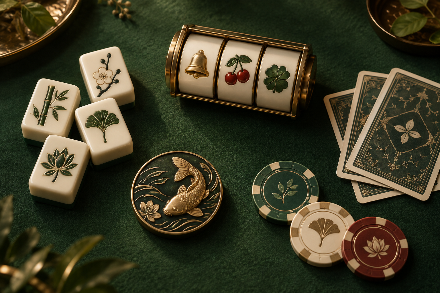 Ilustrasi katalog kasino dengan ubin mahjong, gulungan slot, kartu, dan keping