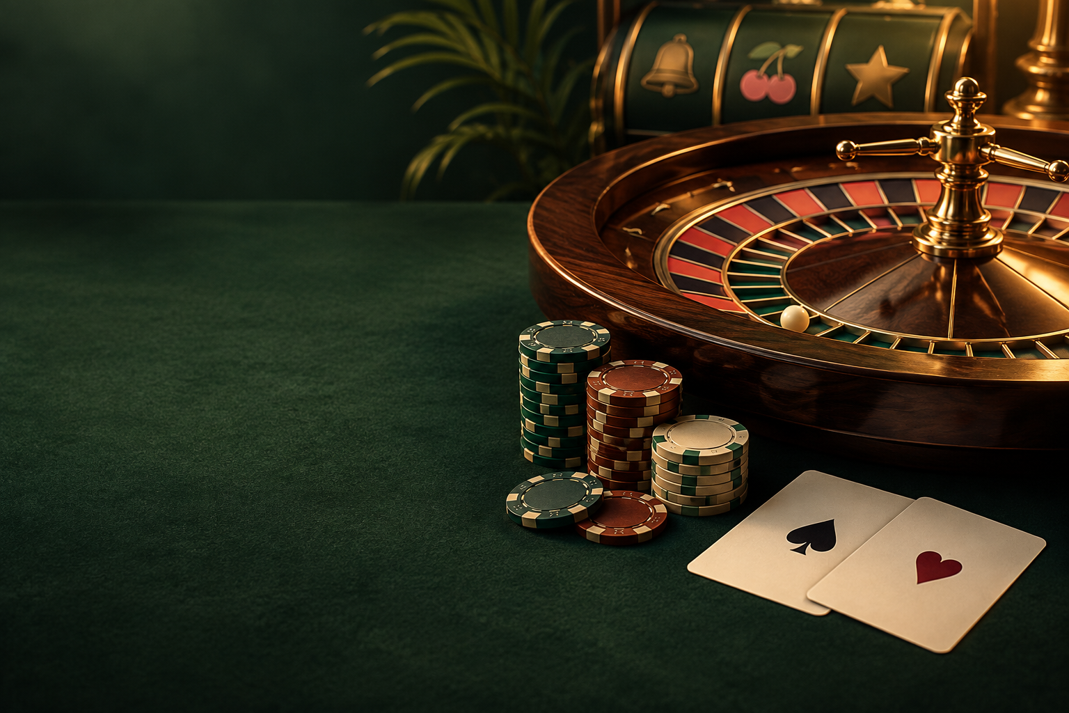 Ilustrasi meja roulette, kartu, dan keping kasino dengan pencahayaan tembaga